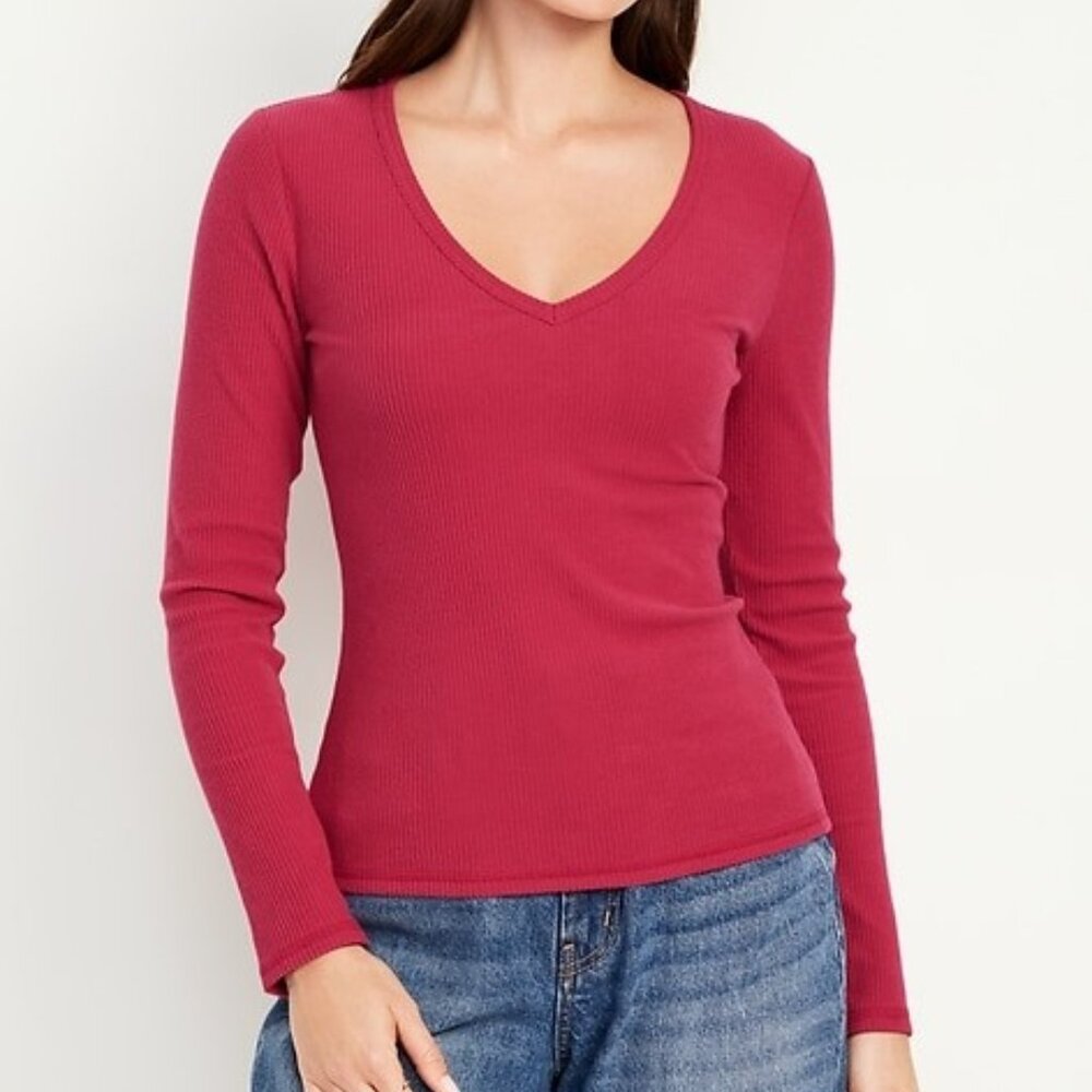 Old Navy Plush V-Neck T-Shirt Ribbed Knit Long Sleeve Tee Top Pink Size Large
